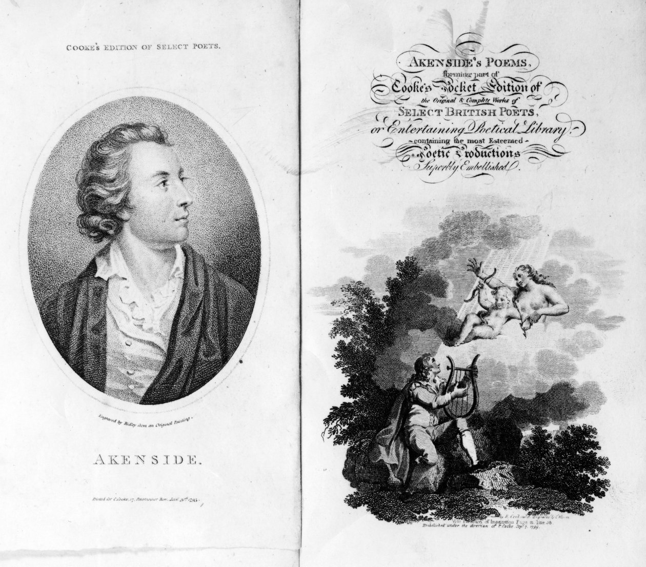 Frontispiece a titulní strana pro Akensidesovy básně z Cookes Pocket Edition vybraných britských básníků, vydané 1799 od English School