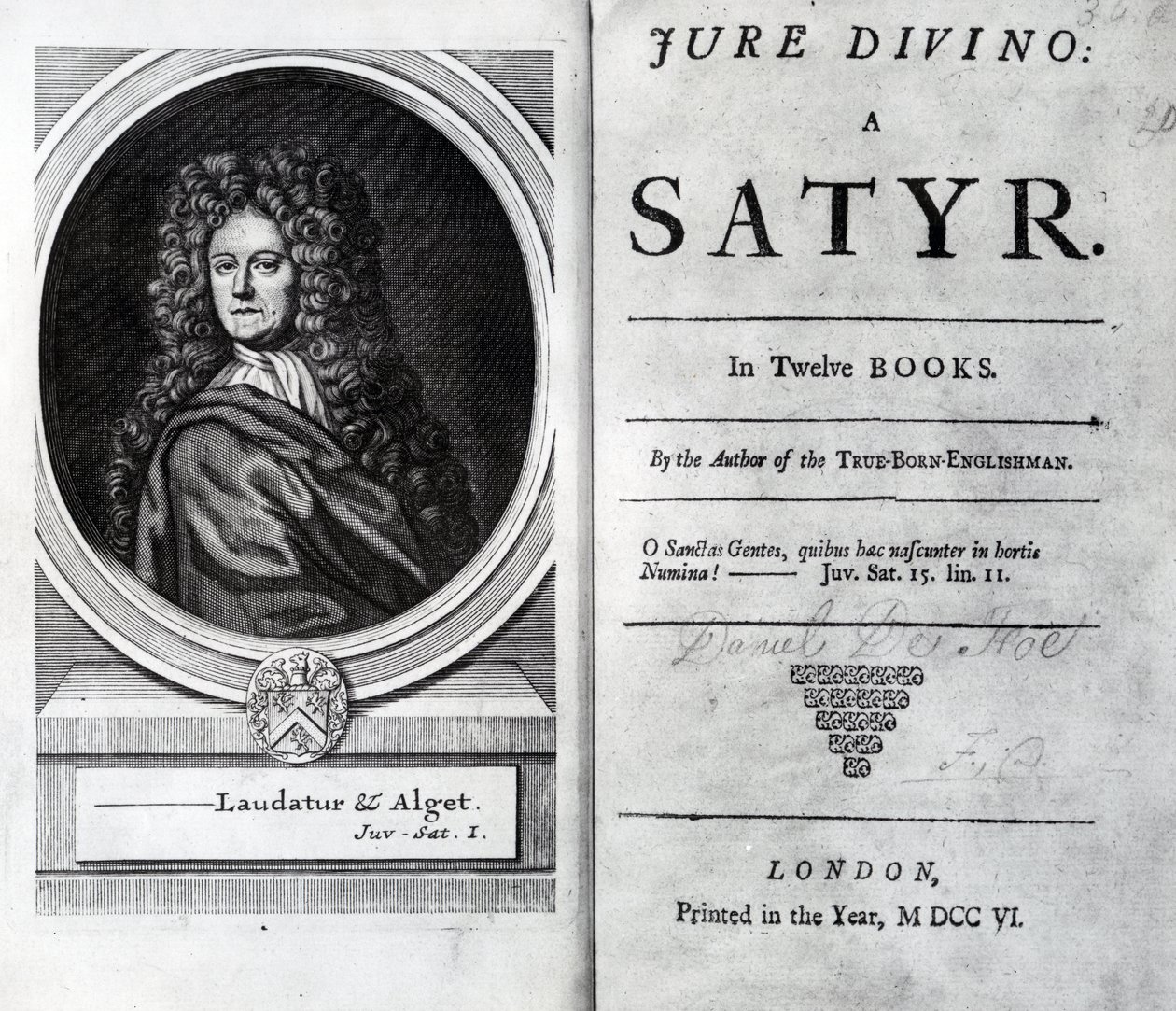 Frontispiece a titulní strana pro Jure Divino: A Satyr od Daniela Defoe, publikoval 1706 od English School