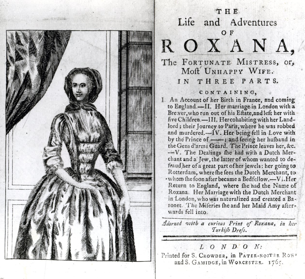 Frontispis a titulní strana pro The Life and Adventures of Roxana od Daniela Defoe, vydáno 1765 od English School