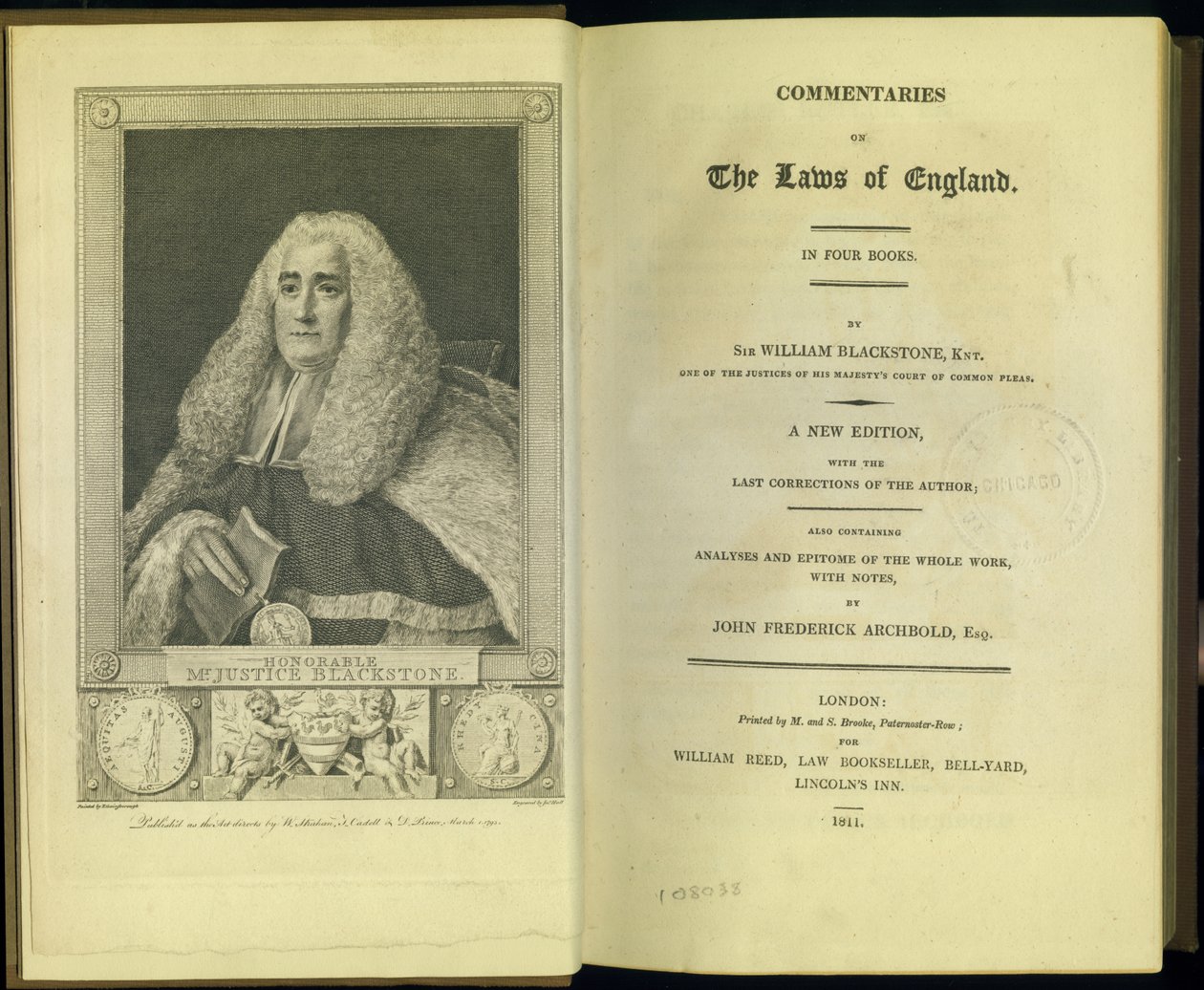 Frontispis a titulní strana z Commentaries on the Laws of England in Four Books, od Sir William Blackstone, Knt., vydané M. a S. Brookeovými, Londýn, 1811 od English School