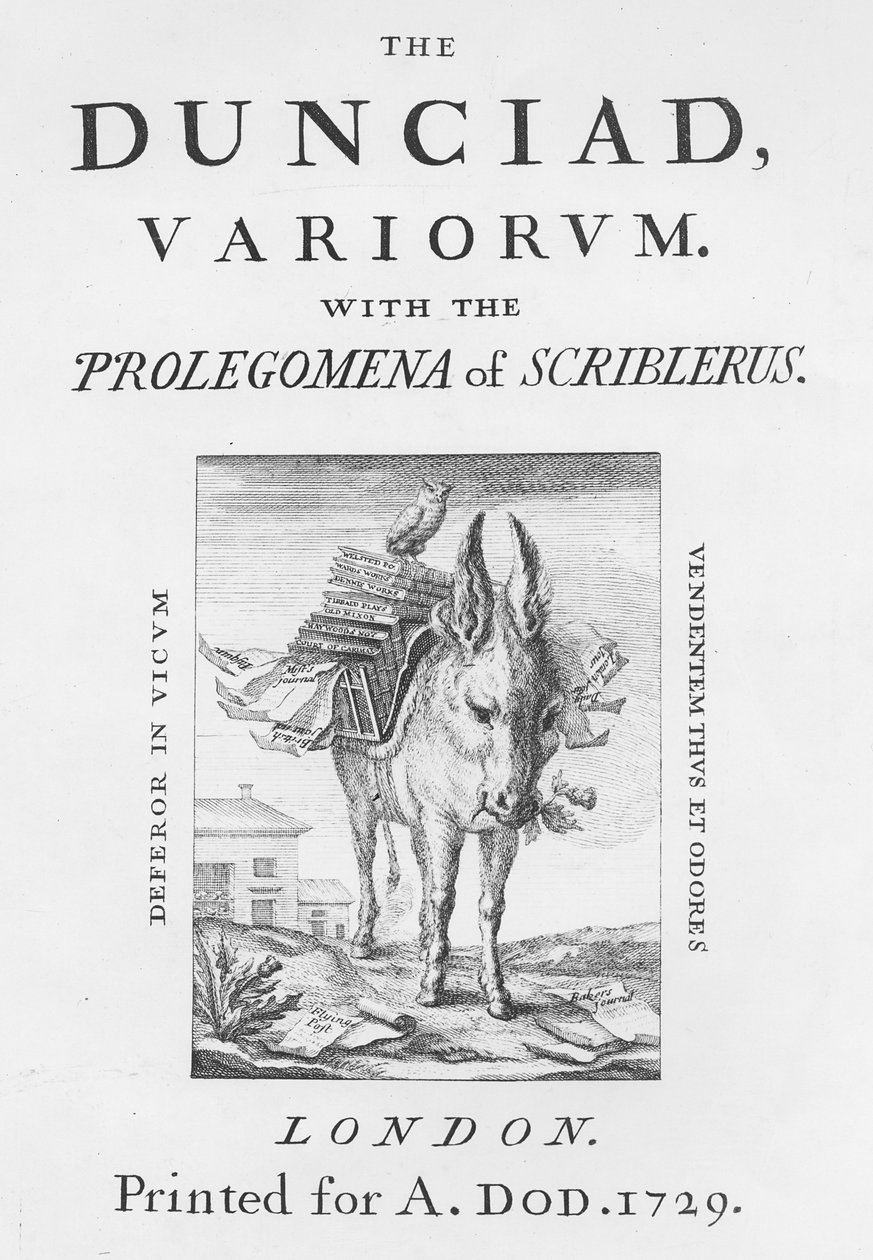 Frontispis a titulní list knihy The Dunciad Variorum od Alexandra Popea, 1729 od English School