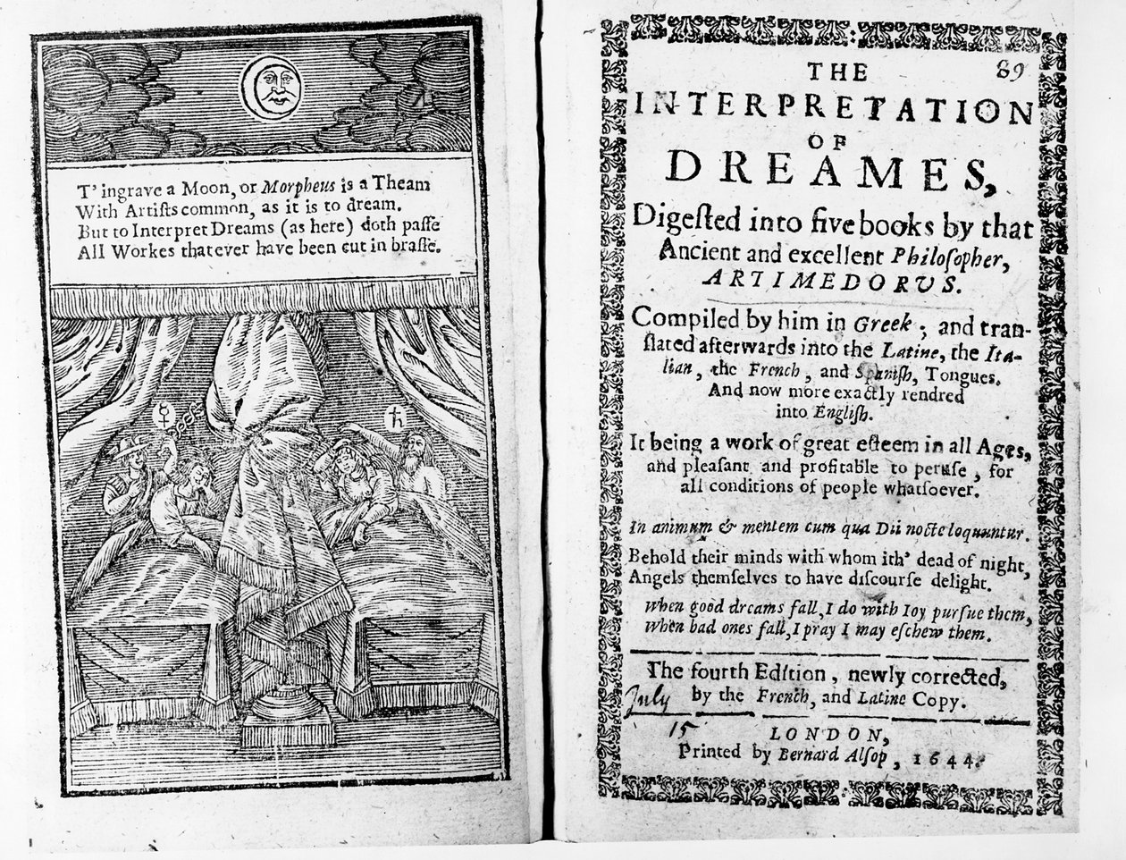 Frontispis a titulní strana k The Interpretation of Dreams od Artemidorus, anglické vydání vydané v roce 1644 od English School