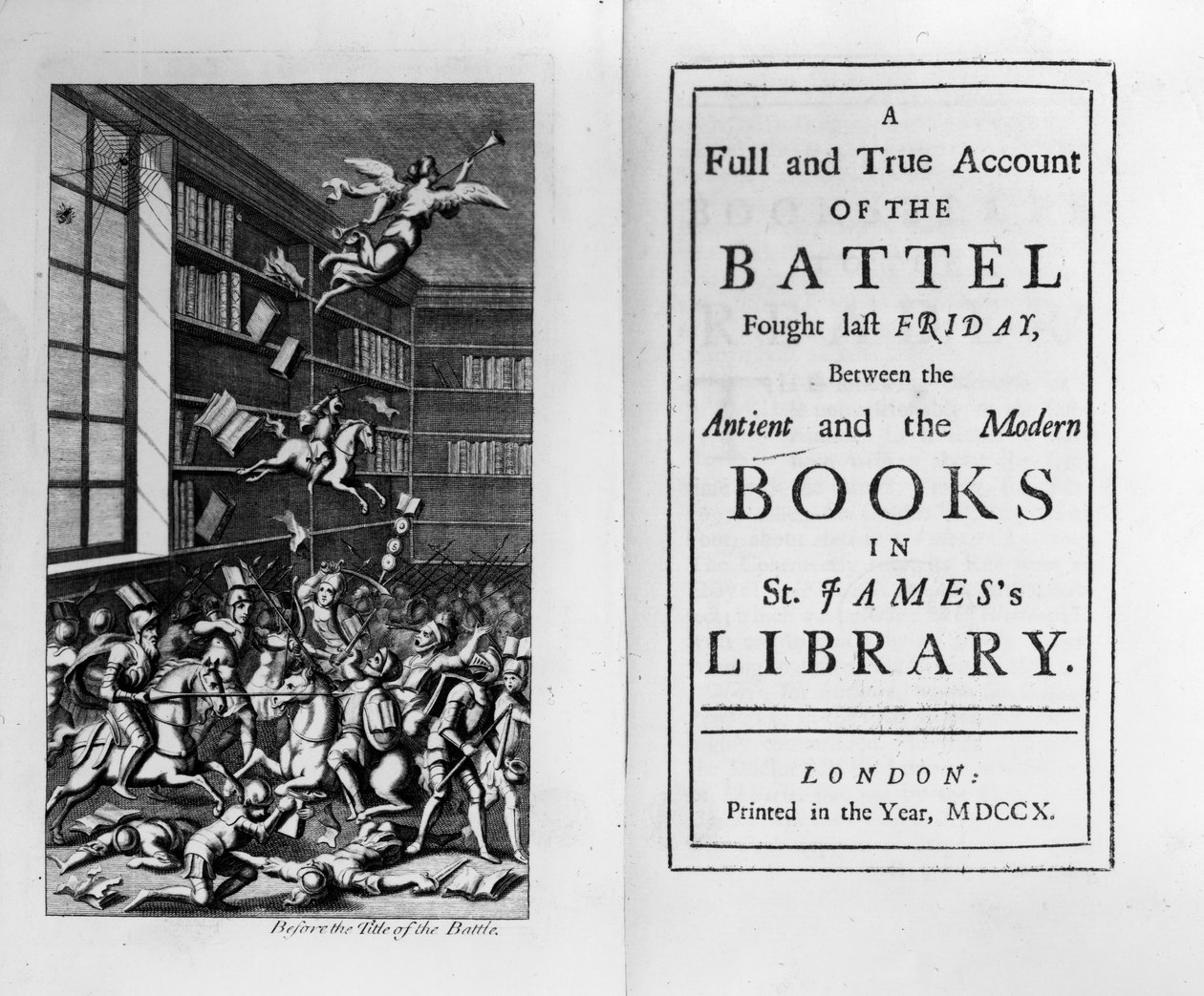 Frontispis a titulní strana k The Battle of the Books od Jonathana Swifta, vydané v roce 1710 od English School