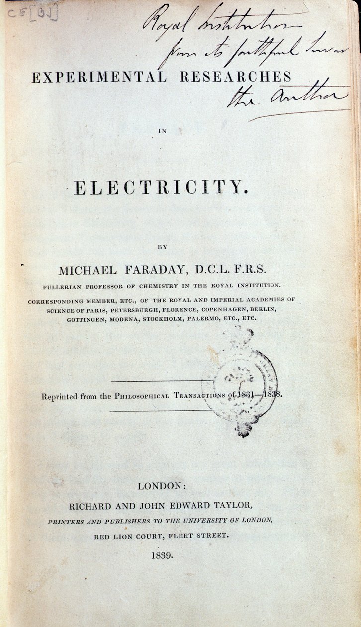 Frontispis for Experimental Researches in Electricity od Michaela Faradaye (1791-1867) vydaný v roce 1839 od English School