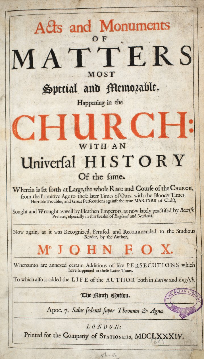 Frontispis , z Acts and Monuments od Johna Foxe, deváté vydání, pub. 1684 od English School