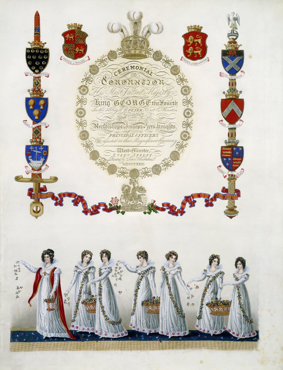 Frontispis, z „Ceremoniálu korunovace Jeho Nejsvětějšího Veličenstva krále Jiřího čtvrtého“, od Johna Whittakera, 1823 od English School