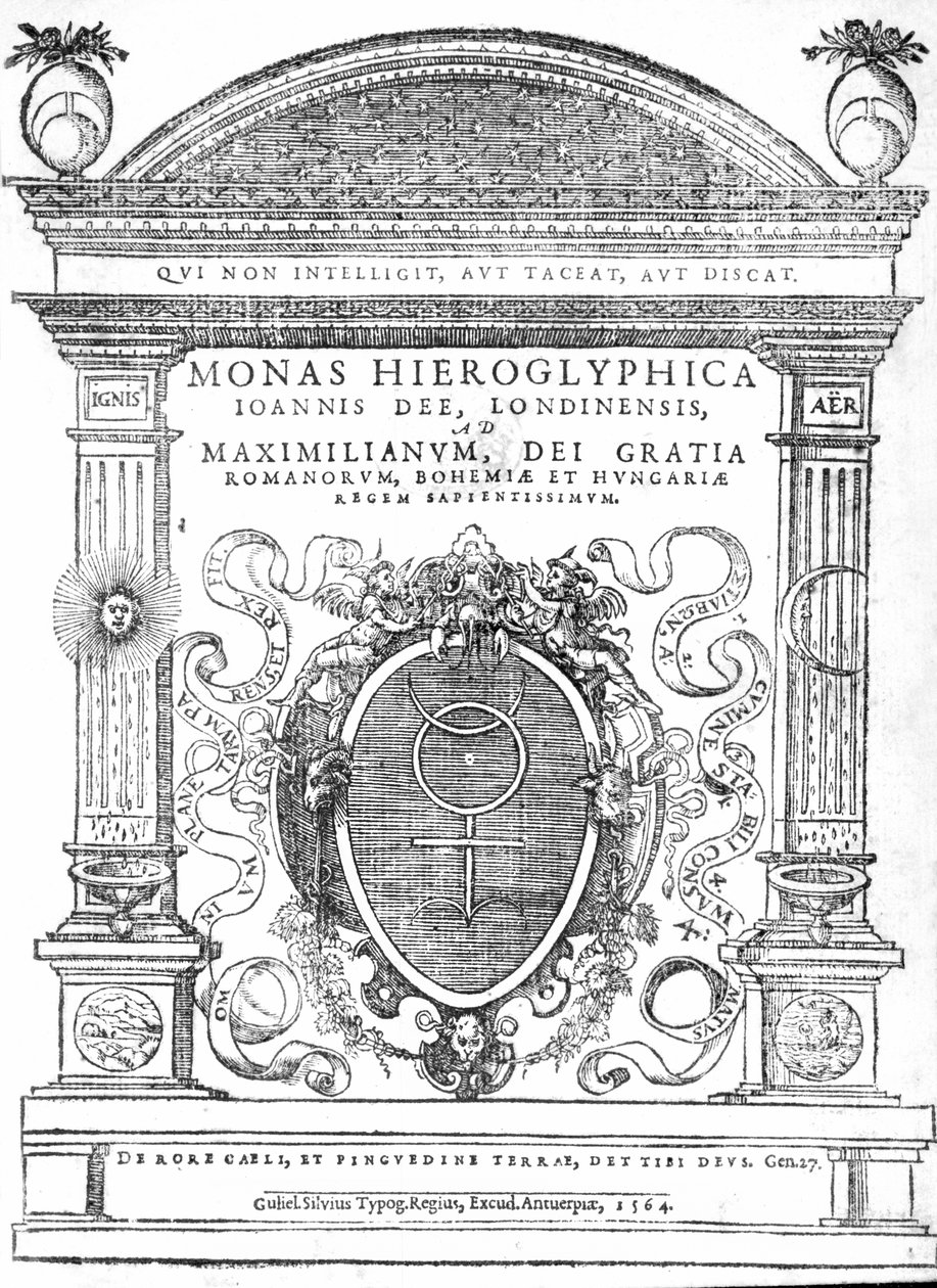 Frontispis z knihy Monas Hieroglyphica od Johna Dee, vydané v roce 1564 (tisk) od English School