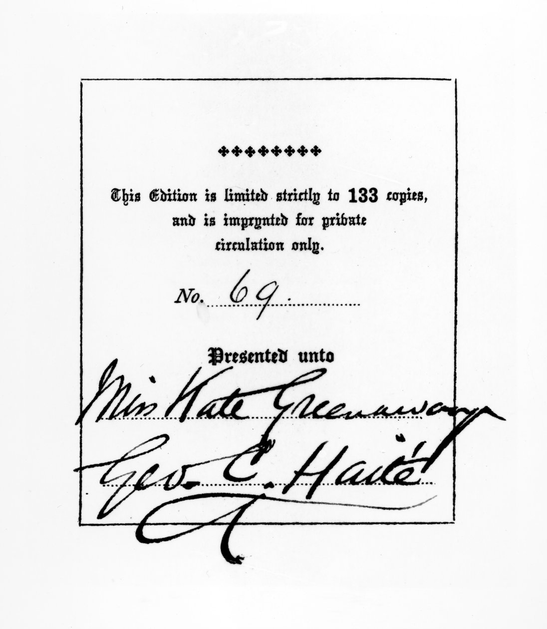 Frontispis z publikace Sette of Odd Volumes od George C. Haiteho věnované Kate Greenawayové, kolem 1880-1900 (pero, inkoust a knihtisk na papíře) od English School