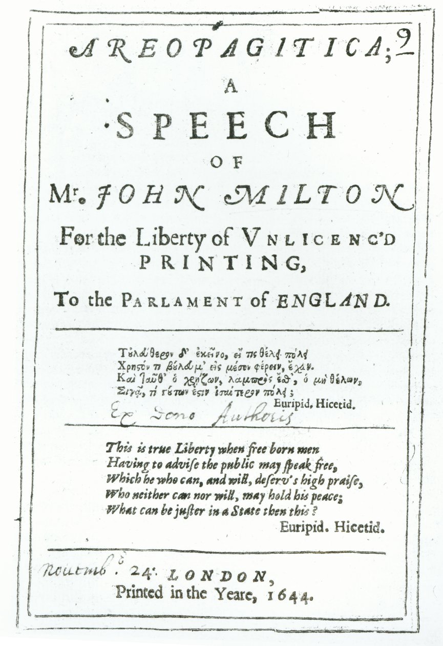 Frontispis Areopagitica, řeč Johna Miltona (1608-74) hospoda. v roce 1644 od English School