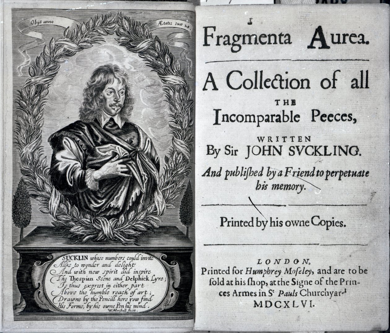 Frontispiece of Fragmenta Aurea, sbírka všech nesrovnatelných pecek napsaný Sirem Johnem Sucklingem, publikoval v roce 1646 od English School
