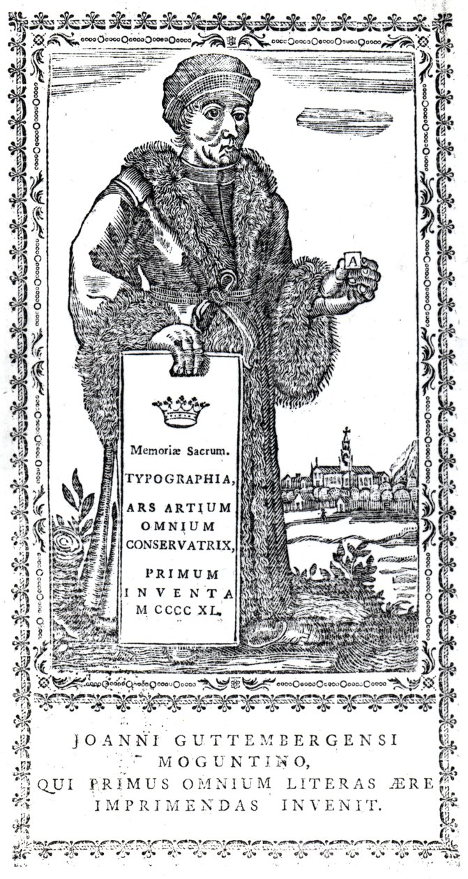 Frontispis Johannese Gutenberga z knihy Stručná historie vzniku a pokroku tisku od Philipa Luckombeho, vydaný v roce 1770 od English School