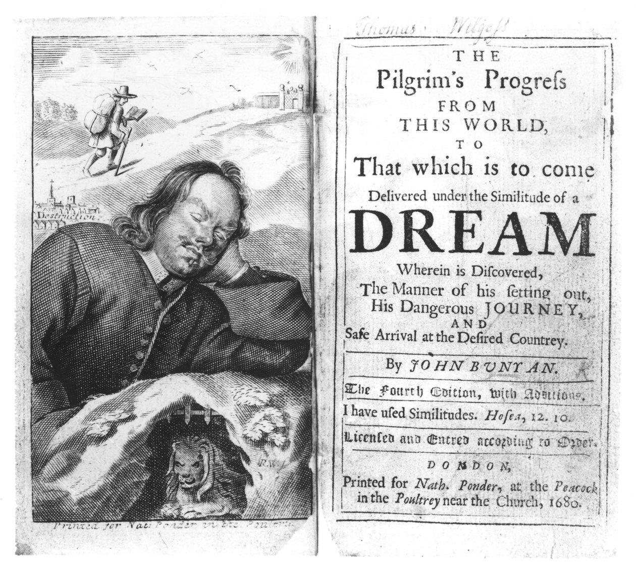 Frontispis knihy Pokrok poutníků od Johna Bunyana (1628-88), vydáno v roce 1680 od English School
