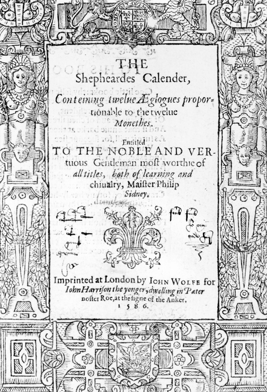 Frontispiece of The Shepheardes Calender od Esmonda Spensera (1552-99), vydáno 1586 od English School