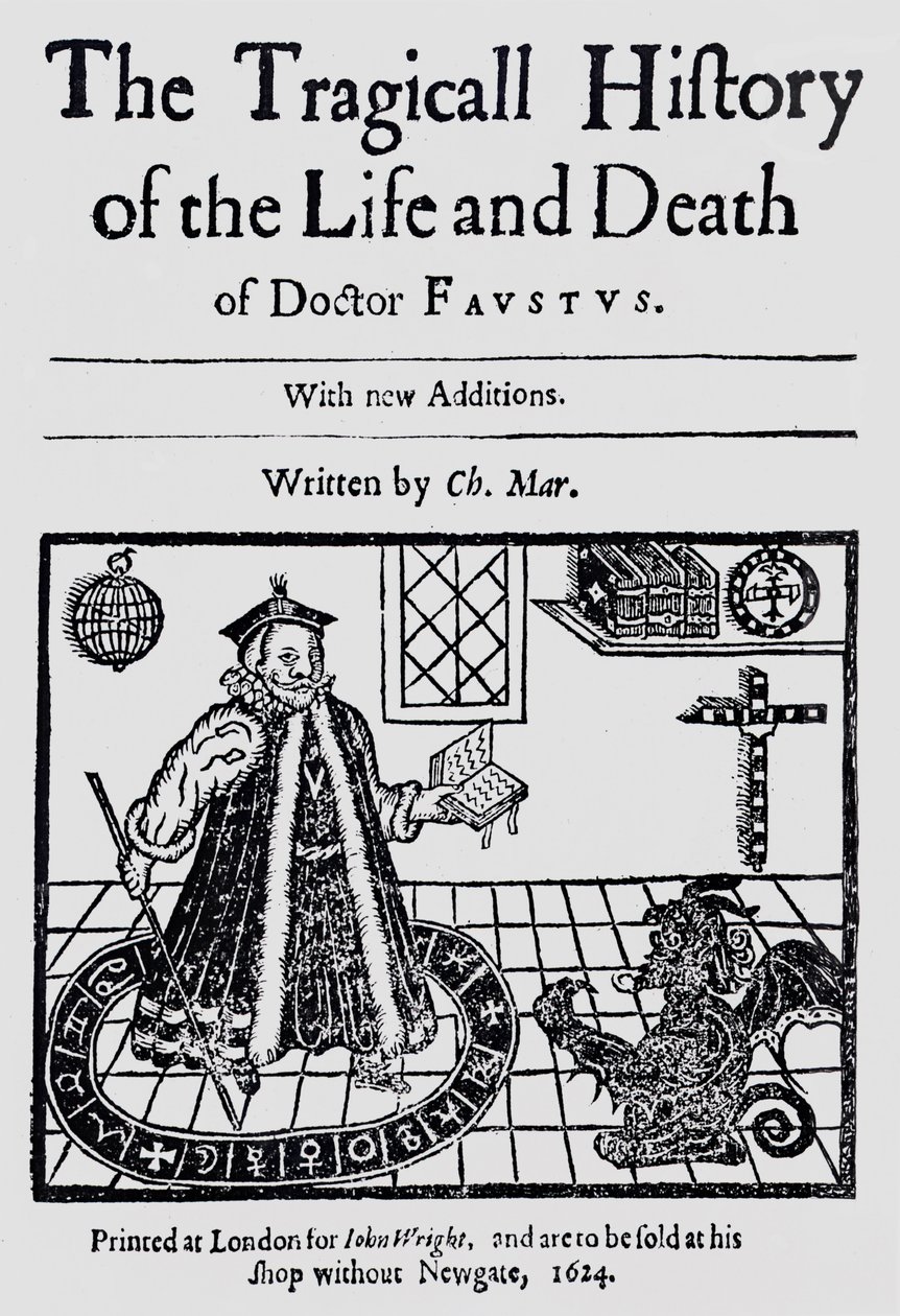 Frontispis Tragické historie života a smrti doktora Fausta od Christophera Marklina, kolem roku 1616 od English School