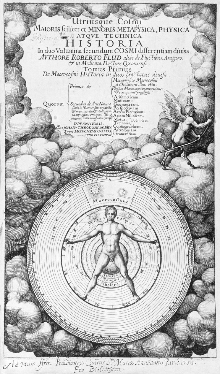 Frontispis Utriusque Cosmi Historia od Roberta Fludda (1574-1637), svazek I, vydal Oppenheim 1617 od English School