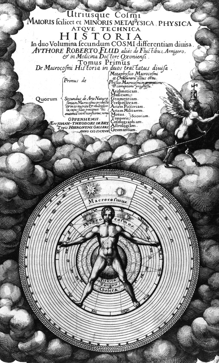 Frontispis Utriusque Cosmi Historia od Roberta Fludda, svazek I, vydaný v roce 1617 od English School