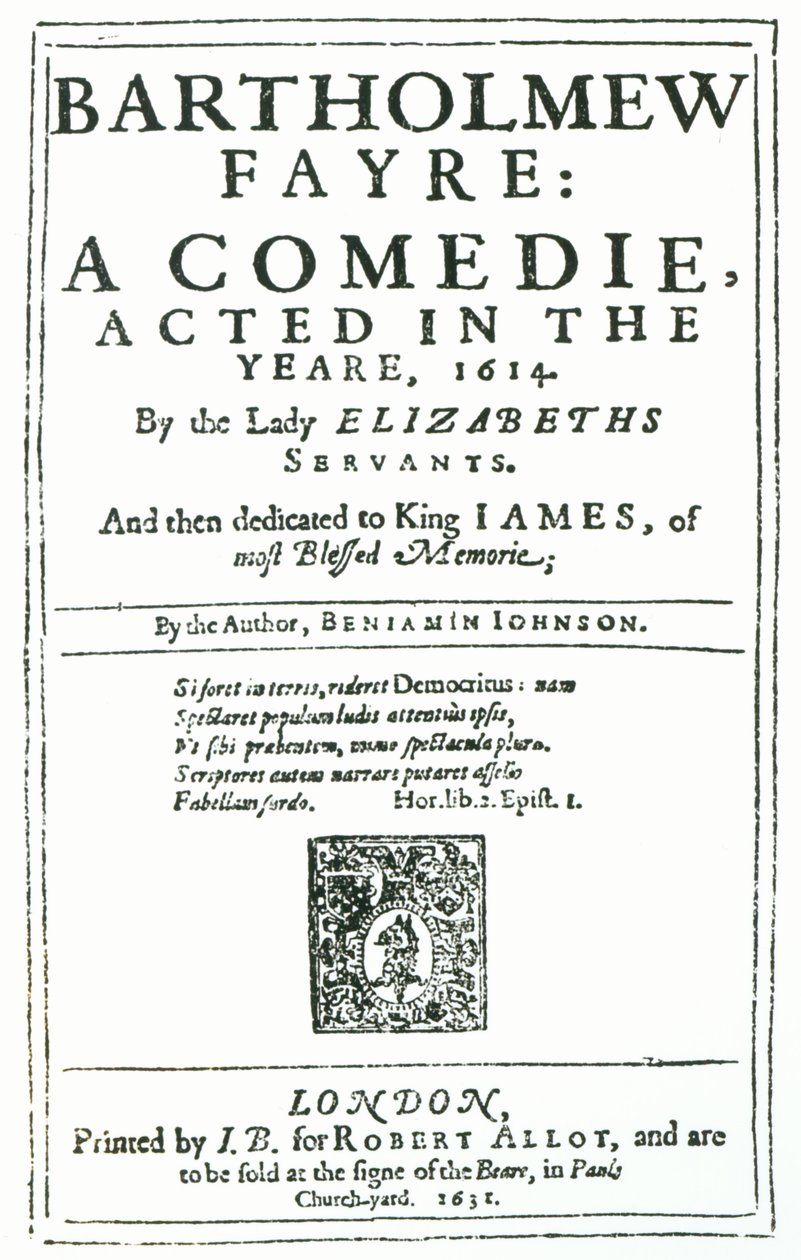 Frontispis k Bartholomew Fayre: A Comedie od Benjamina Jonsona (15723-1637) 1631 od English School