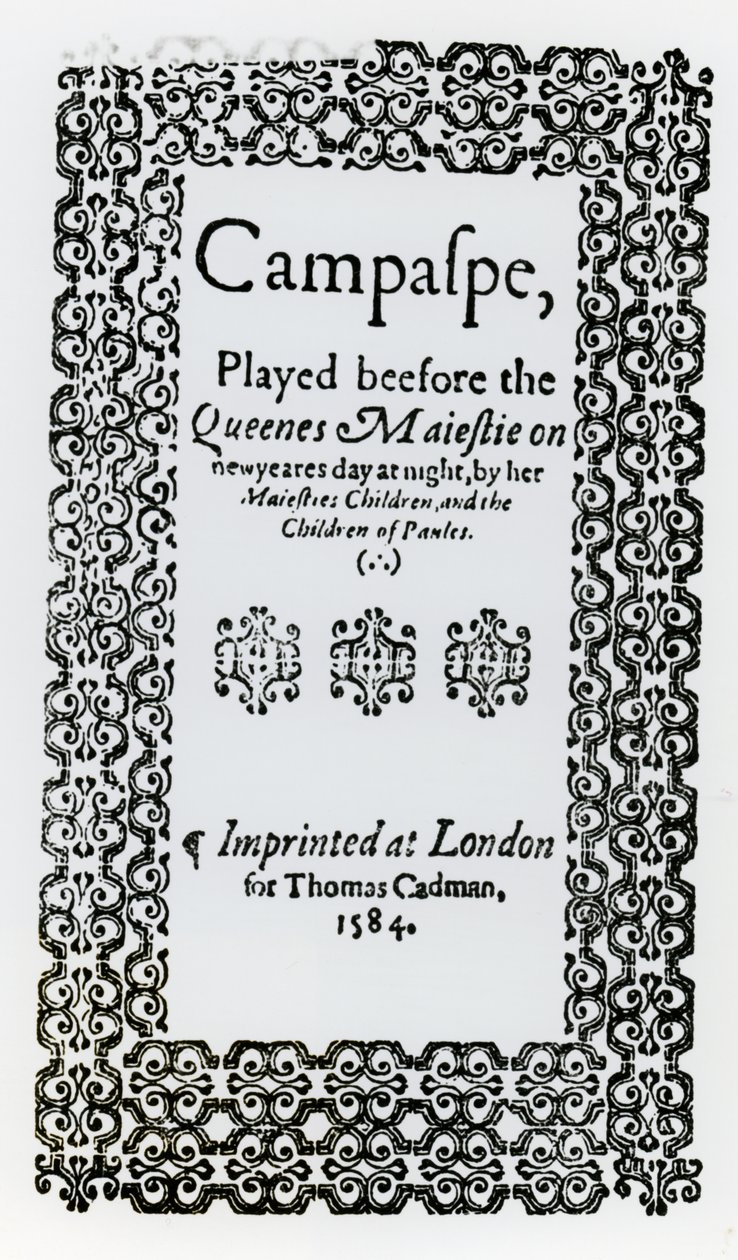 Frontispis do Campaspe od Johna Lylyho (asi 1554-1606) 1584 od English School