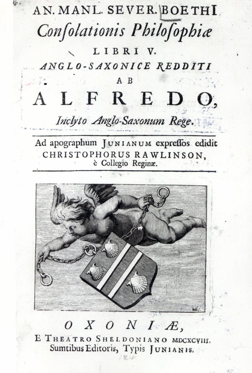 Frontispis k překladu Alfréda Velikého od Christophera Rawlinse, vydání Boethia De Consolationis Philosophiae, 1698 (tisk) od English School