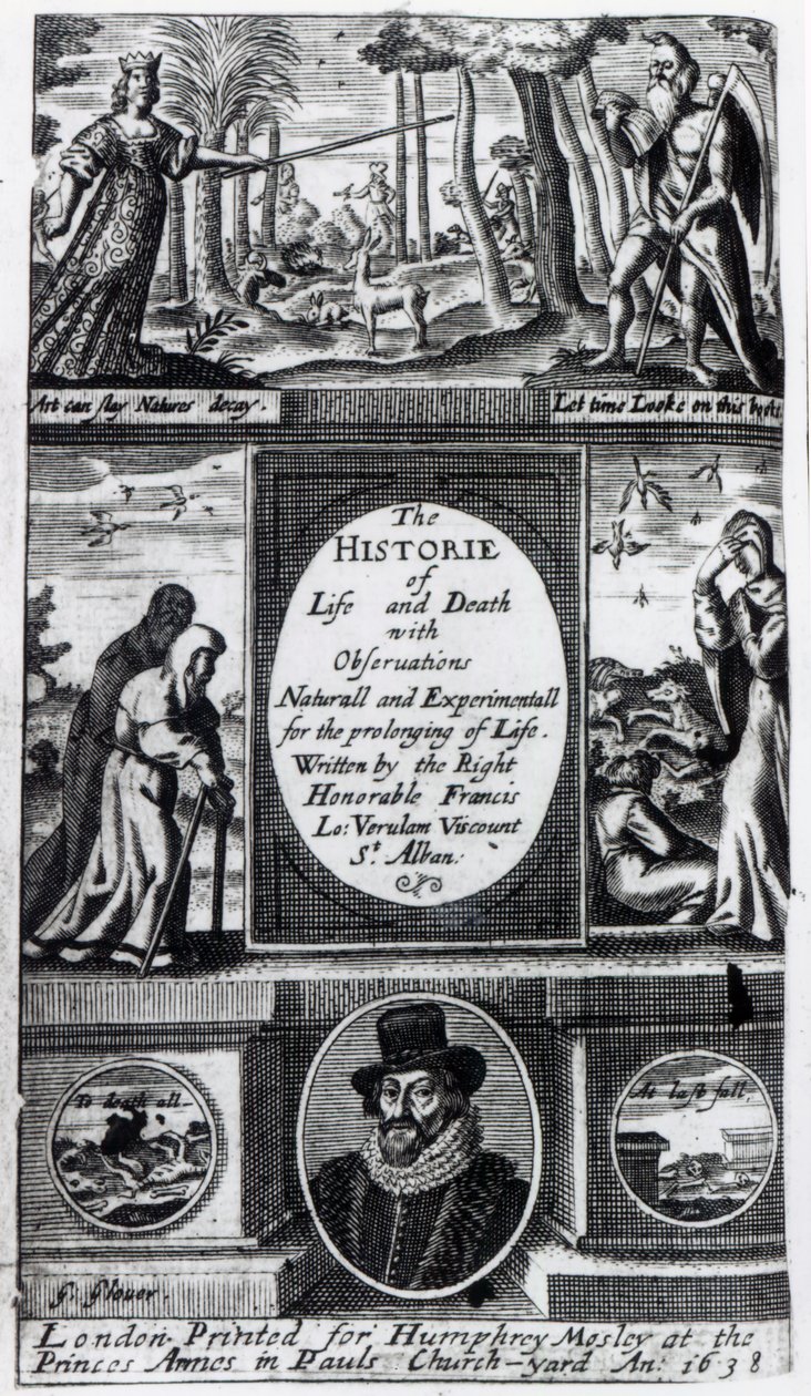 Frontispis knihy Francis Bacons The History of Life and Death (Historie života a smrti), vydané v roce 1638. od English School