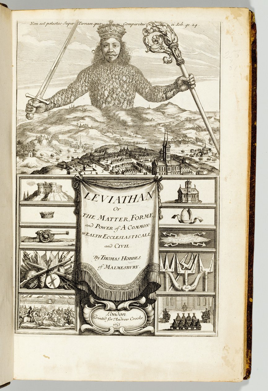 Frontispis k „Leviathan, aneb The Matter, Forme, & Power of a Common-Wealth Ecclesiasticall and Civill“ od Thomase Hobbese (1588-1679) z Malmesbury od English School