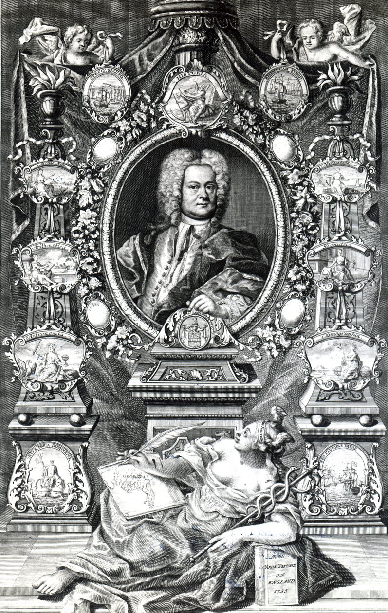 Frontispis k námořní historii Anglie od Thomase Lediarda, publikoval 1735 od English School