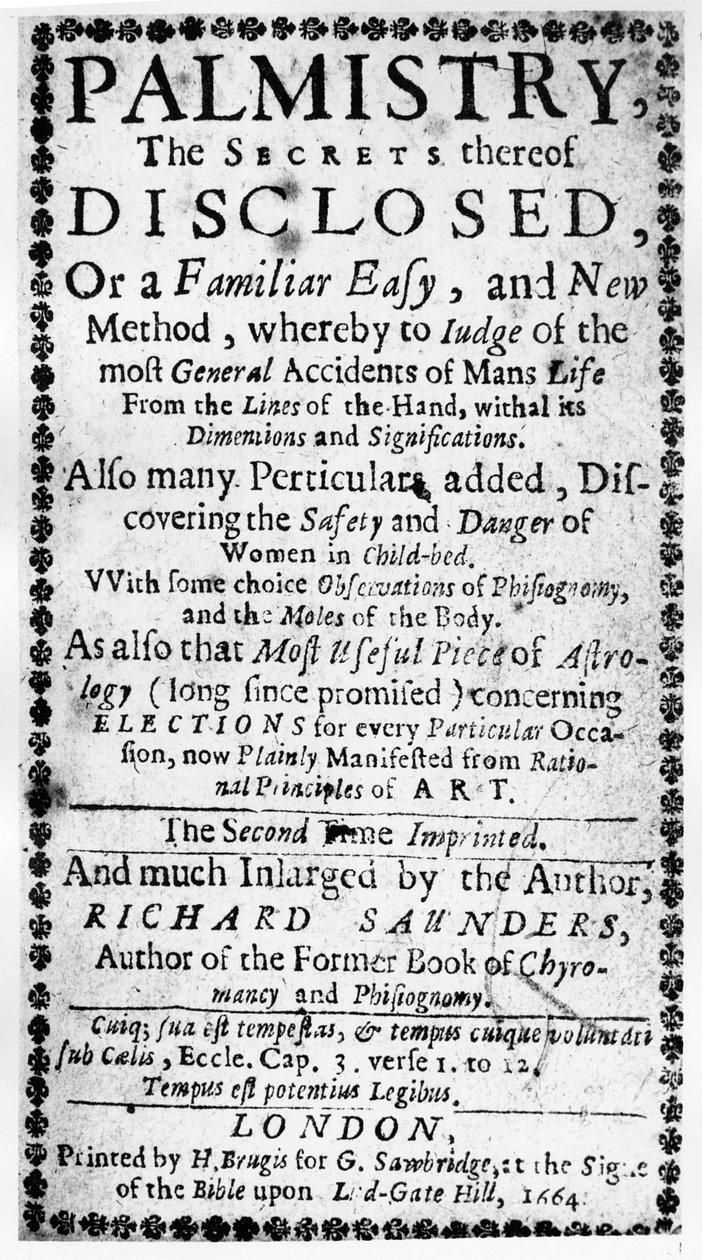 Frontispis k věštění z ruky, jejich tajemství odhalená Richardem Saundersem, 1664 od English School
