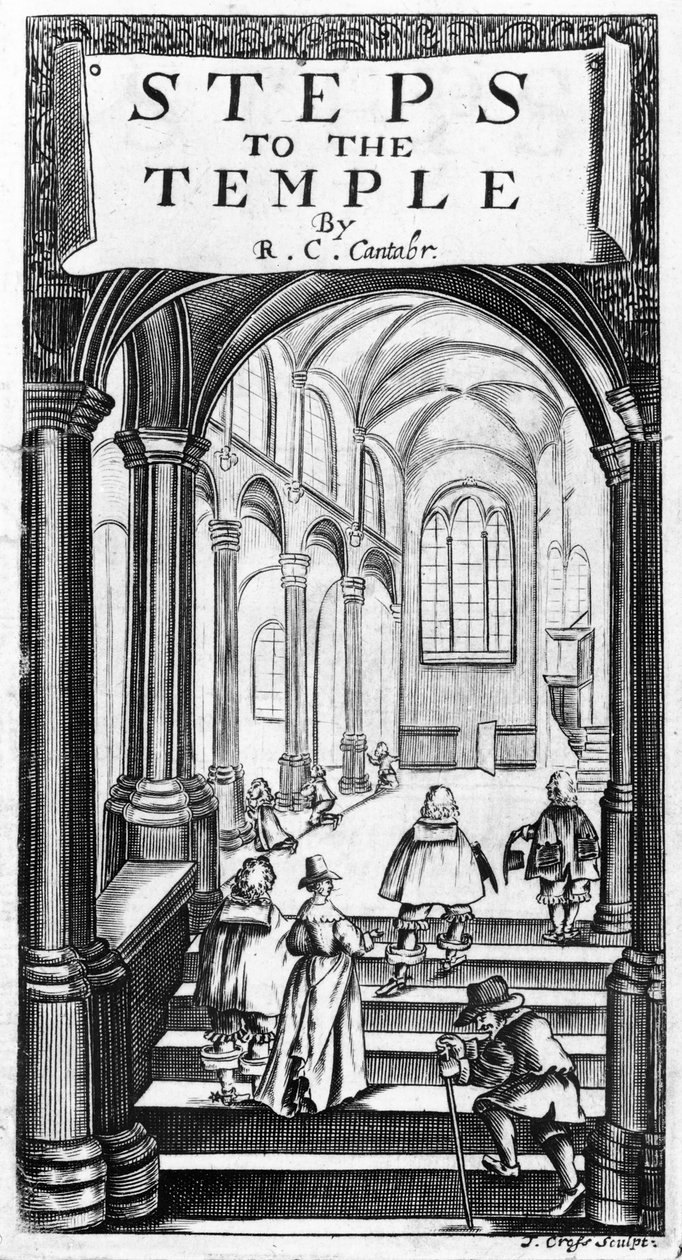 Frontispis ke Steps to the Temple od Richarda Crashawa, vyrytý J. Crossem, 1648 od English School