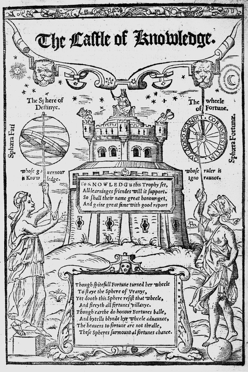 Frontispis knihy Zámek poznání od Roberta Recorda, 1556 od English School