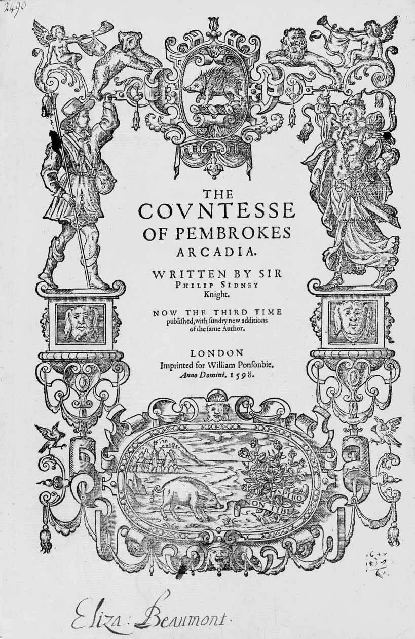 Frontispis k hraběnce z Pembrokes Arcadia, 1592, Sir Philip Sidney (1554-86), třetí vydání, pub. 1598 od English School