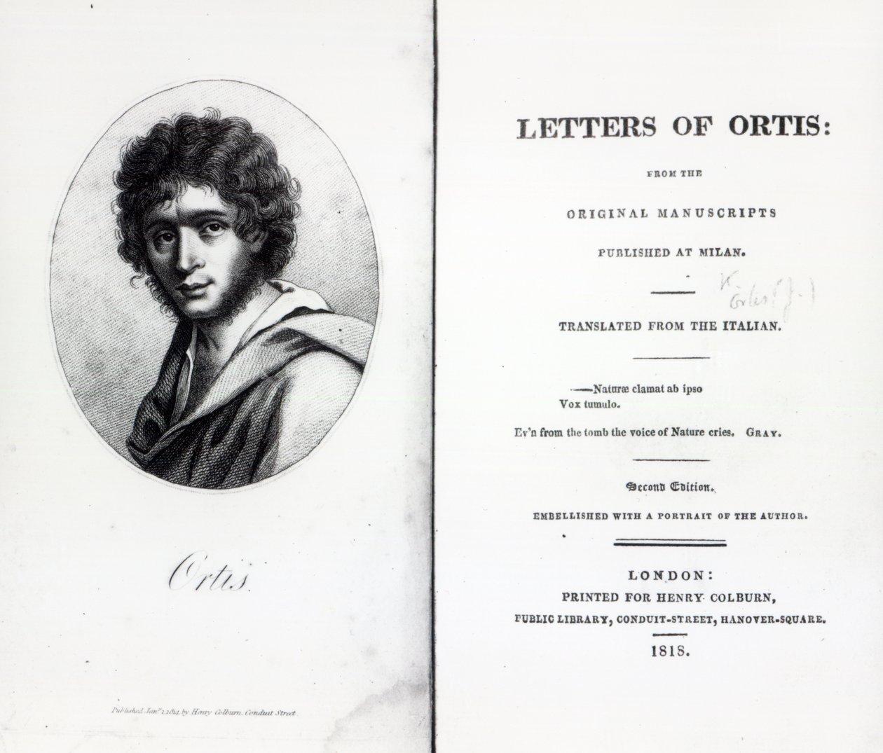 Frontispis Ortisových dopisů od Niccola Ugo Foscolo, vydání z roku 1818 od English School