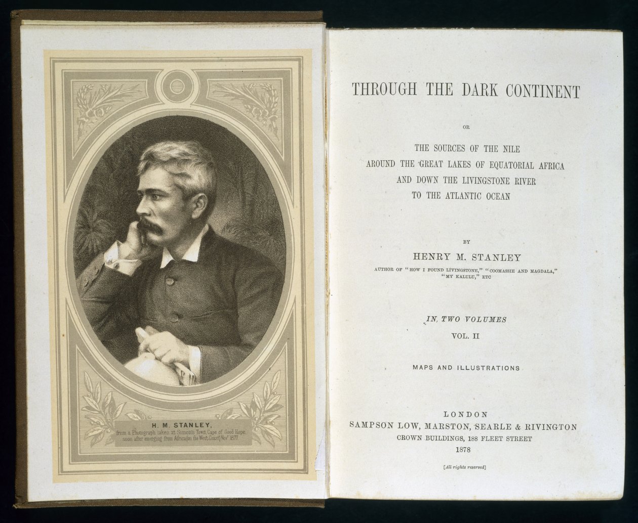 Frontispiece k Through the Dark Continent, Henry M. Stanley, publikoval 1878 od English School