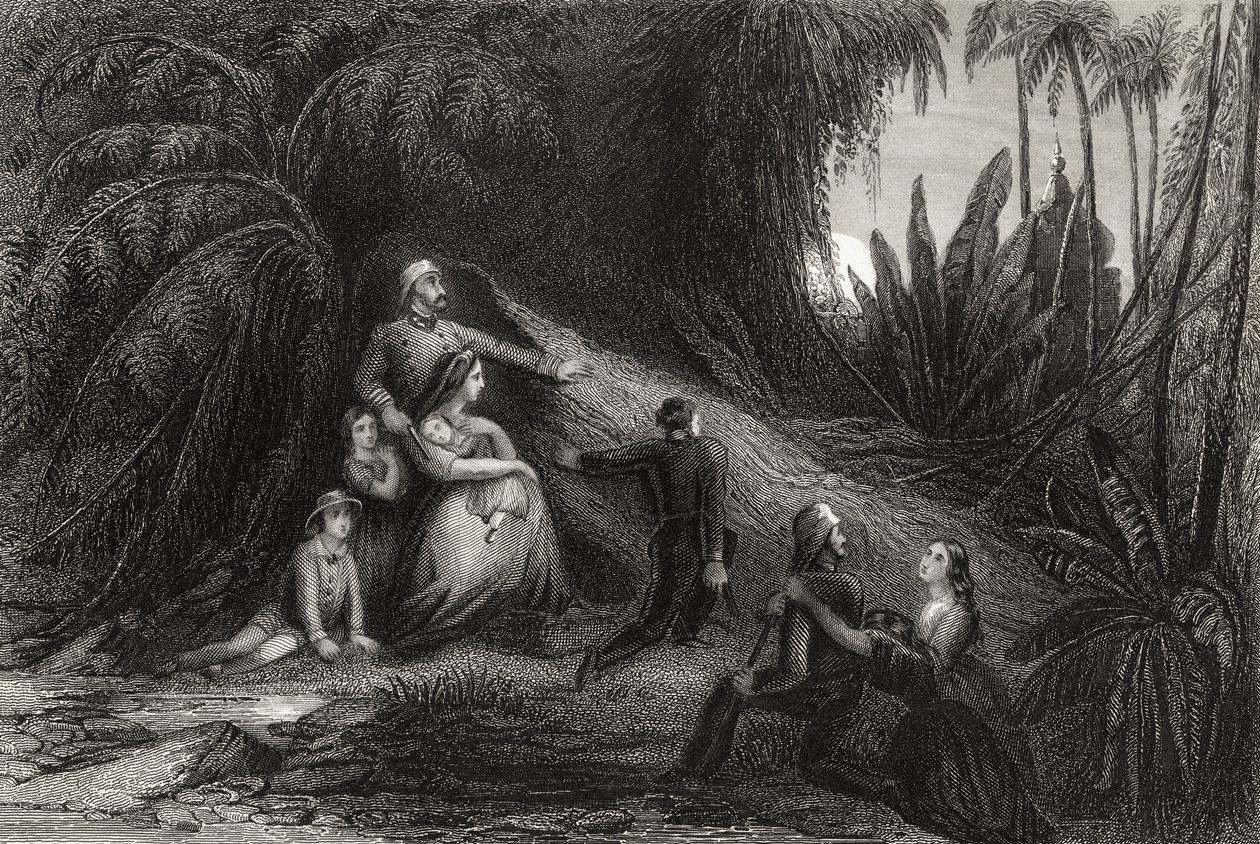 Důstojníci na útěku se svými rodinami, kteří se skrývají ve fialové barvě, z „Historie indické vzpoury“ vydané v roce 1858 od English School