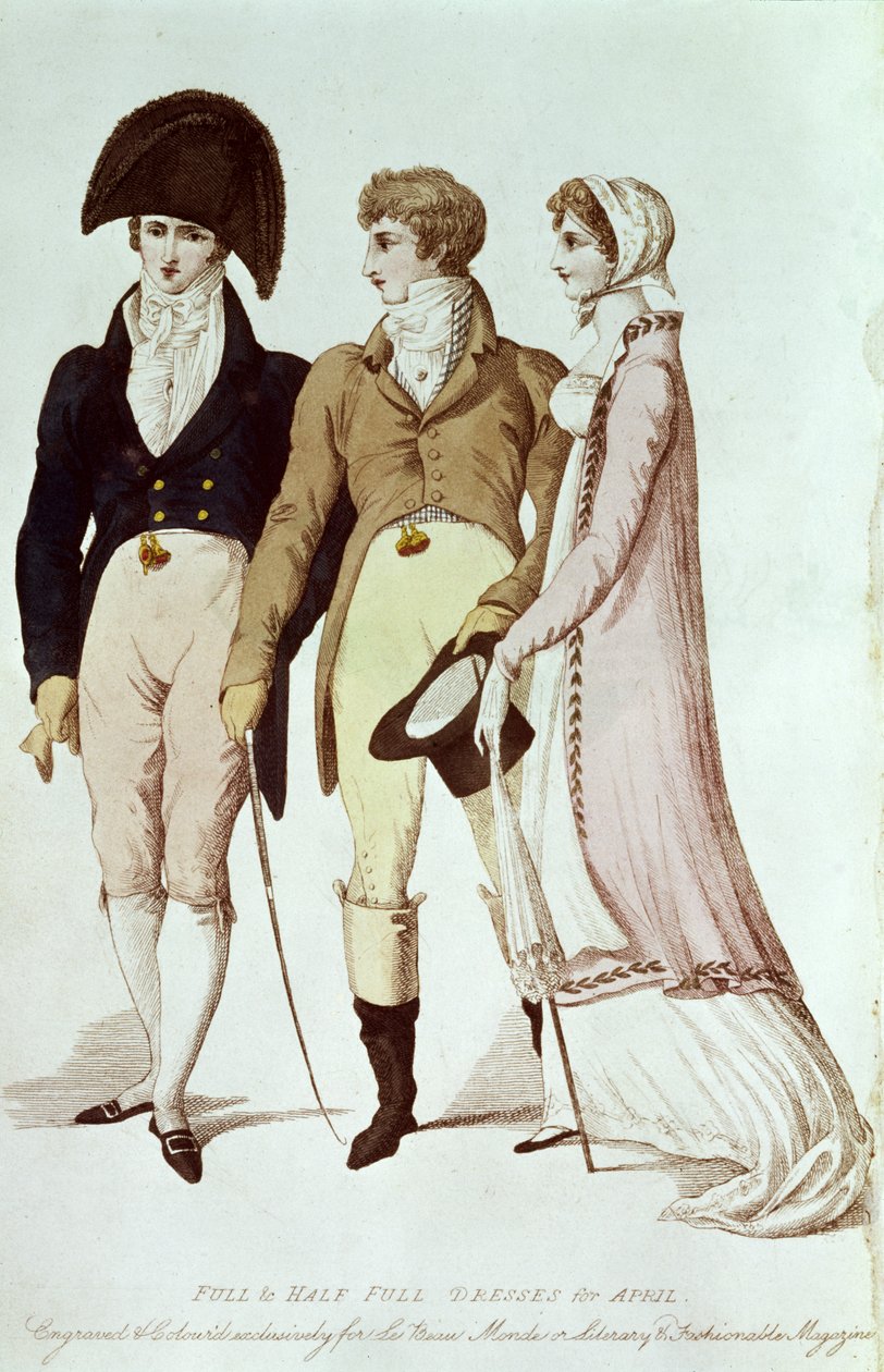 Plné a napůl plné šaty na duben, ilustrace z „Le Beau Monde aneb, Literární a módní časopis“, 1809 od English School
