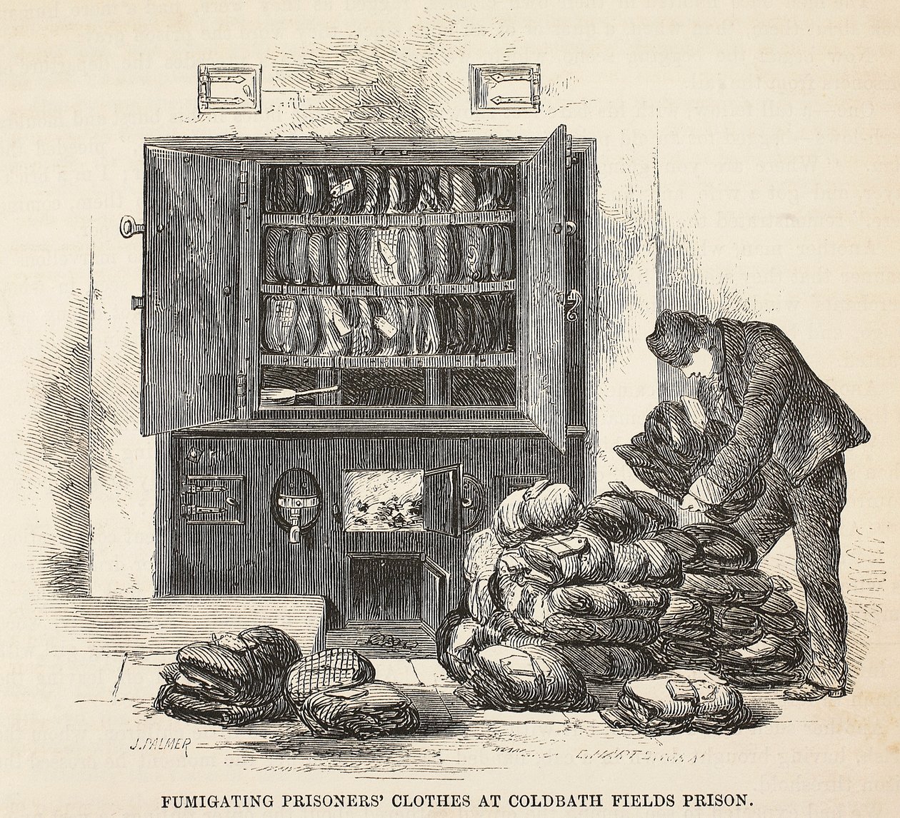 Fumigace oblečení vězňů ve věznici Coldbath Fields, ilustrace z knihy The Criminal Prisons of London and Scenes from Prison Life od Henryho Mayhewa a Johna Binnyho, vyd. 1862 od English School