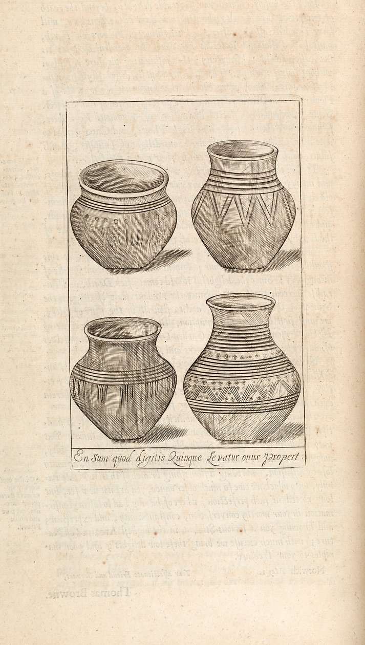 Pohřební urny, ilustrace z Works by Thomas Brown, Londýn 1686 od English School