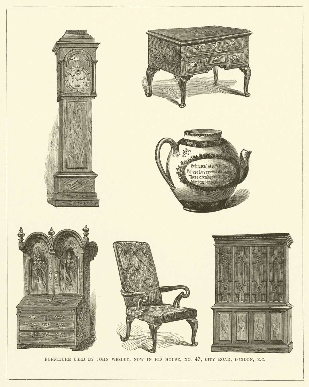 Nábytek používaný Johnem Wesleym, nyní v jeho domě č. 47, City Road, Londýn, ES (rytina) od English School