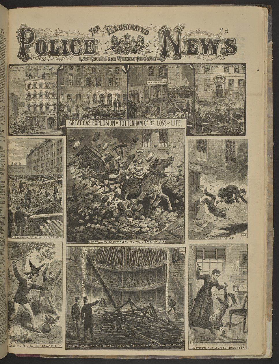 VELKÝ VÝBUCH PLYNU V TOTTENHAMU CT. Ztráta na životech.", Illustrated Police News od English School