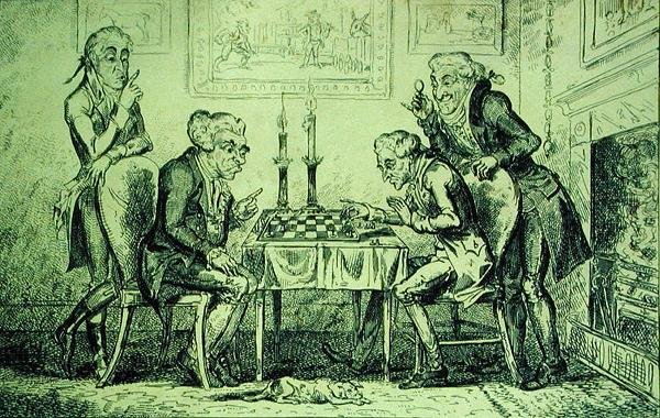 Hra v šachy, vyrytá Georgem Cruikshankem (1792-1878) vydaná 1. srpna 1835 (litho) od English School