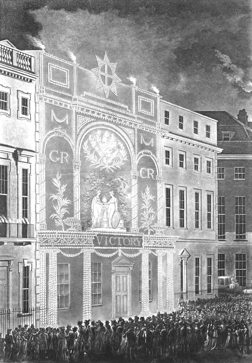 Shromáždění na Portman Square, aby sledovali iluminaci pro mír mezi Británií a Francií, 1806 od English School