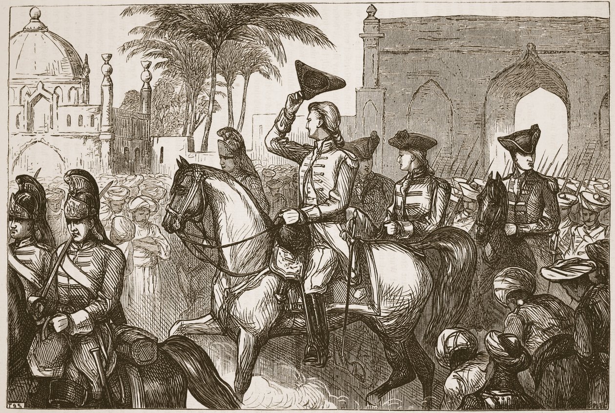 Generál Goddard vchází do Surat, ilustrace z Cassells Illustrated History of India od Jamese Granta, hospoda. 1879 od English School