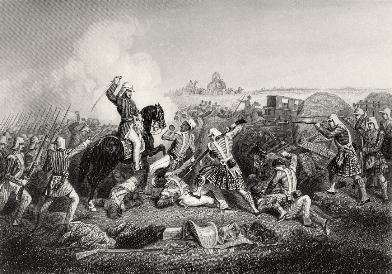 Útok generála Havelocka na Nana Sahib ve Futtypore v roce 1857, z „Historie indické vzpoury“, vydané v roce 1858 od English School
