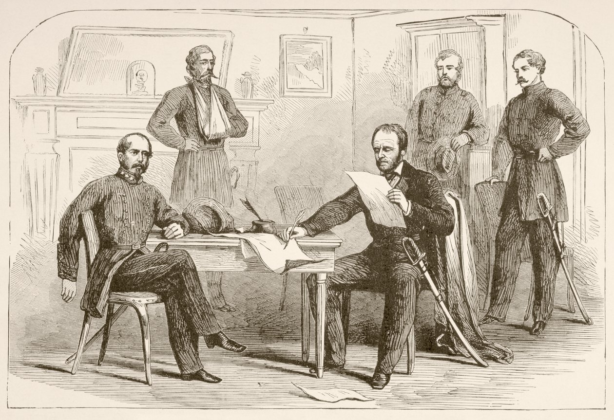 Generál Joseph Eggleston Johnston vzdává armádu do Tennessee generálu Williamu Tecumseh Shermanovi (litho) od English School
