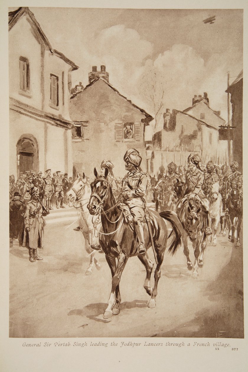 Generál Sir Pertab Singh vede Jodhpurské kopiníky francouzskou vesnicí, 1914-19 od English School