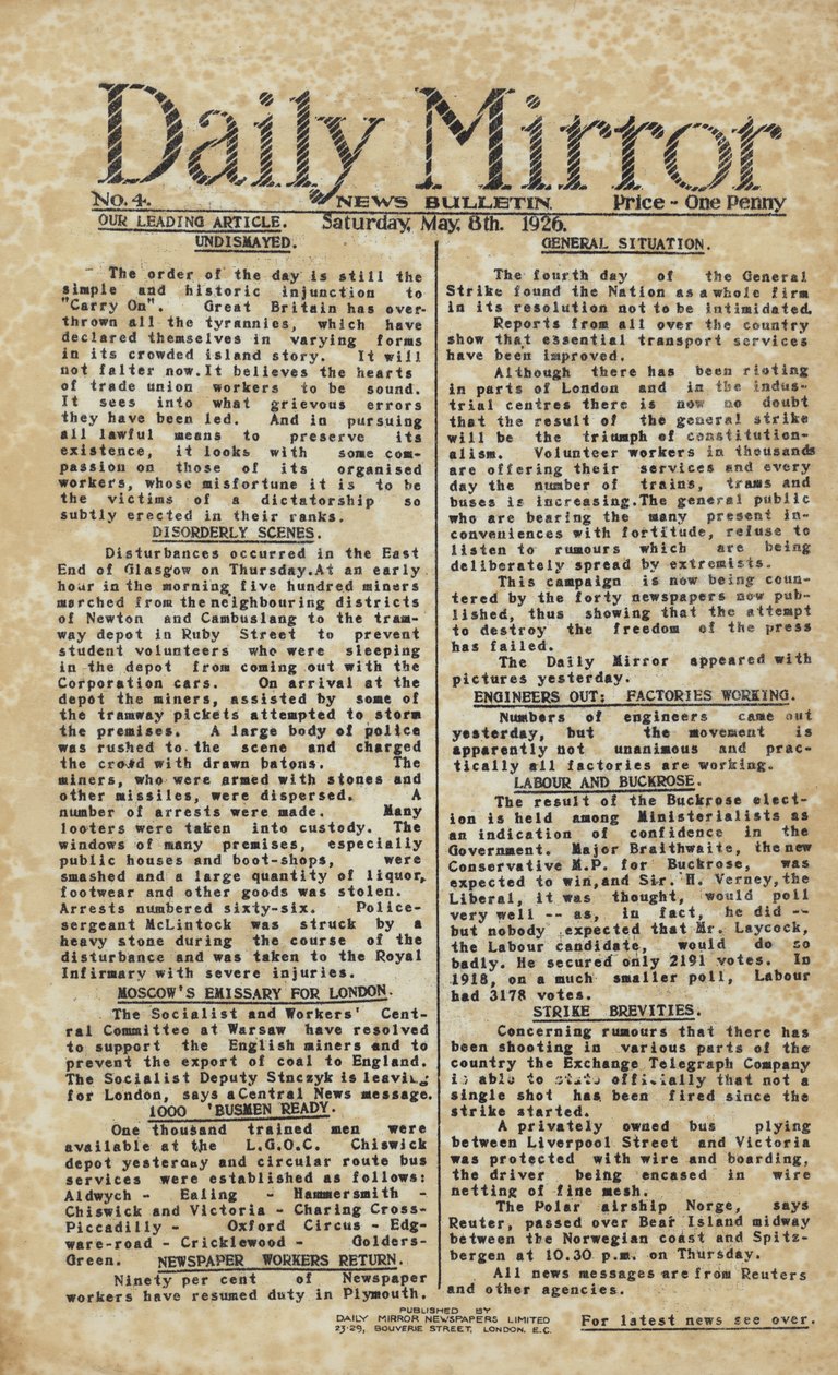 Generální stávka v deníku Daily Mirror (rytina) od English School