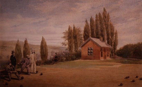 Pánové hrají mísy na trávník, cca 1880 (akvarel na papíře) od English School