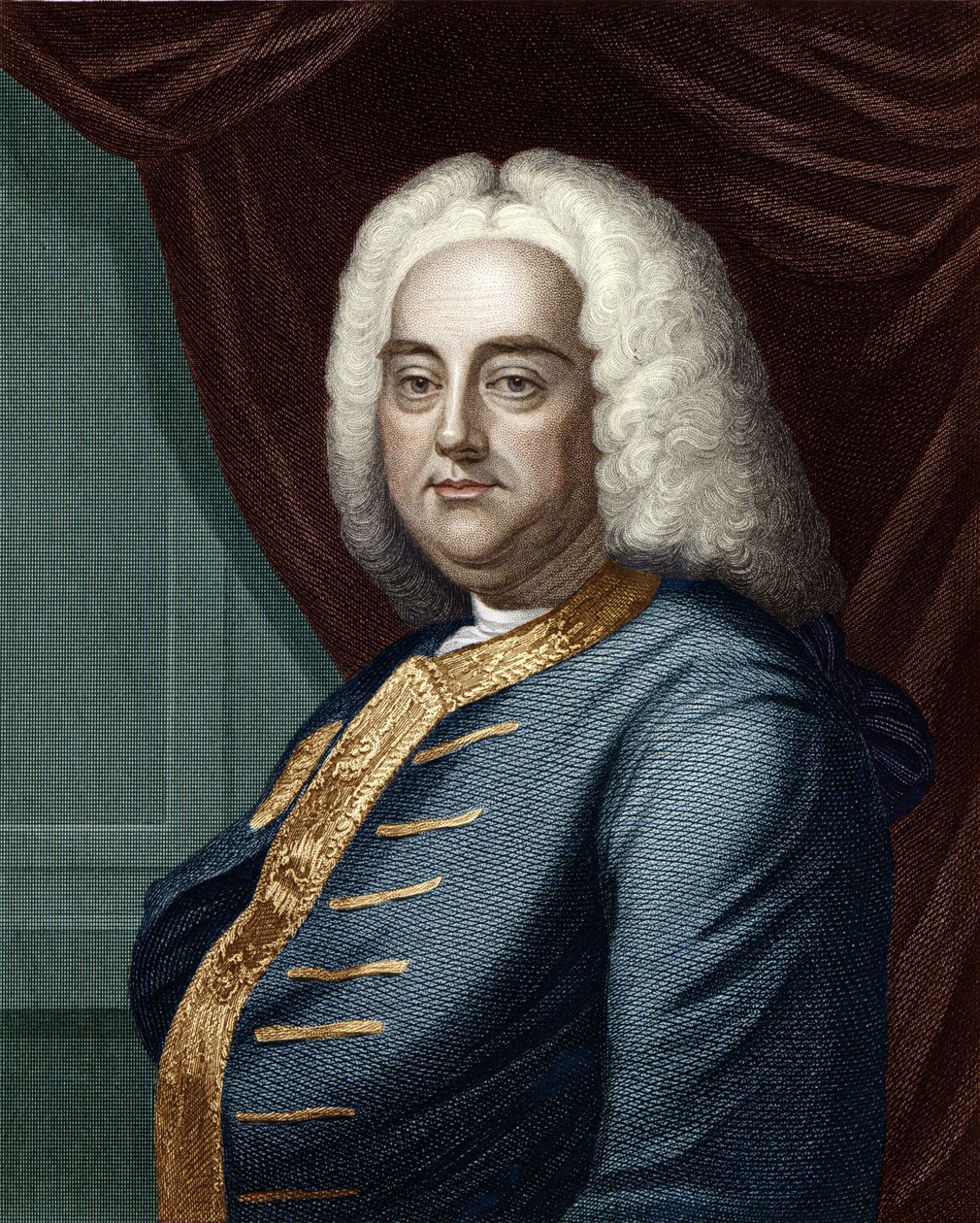 George Frideric Handel, vyrytý Thomsonem (pozdější zbarvení) od English School