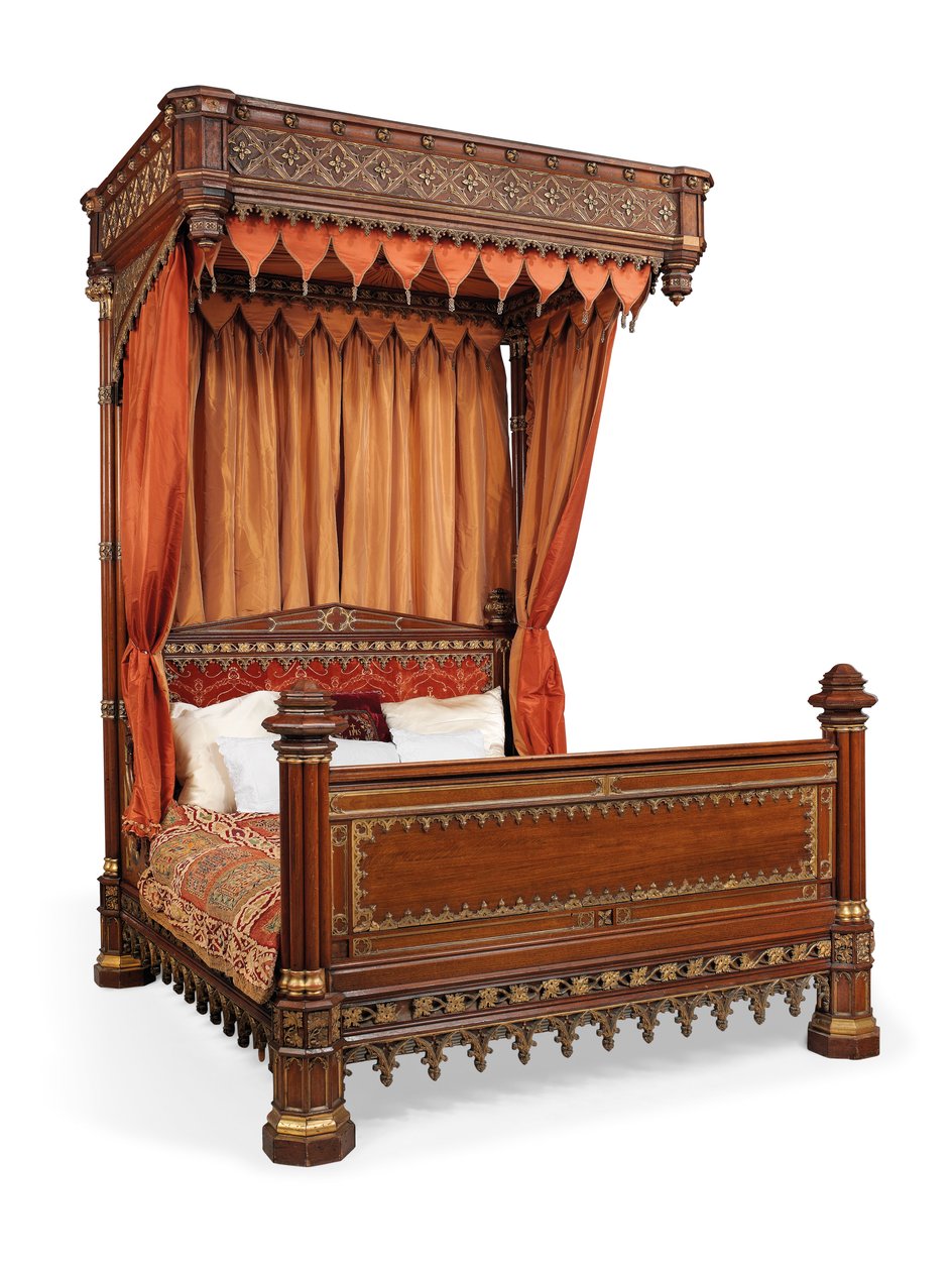 Polotestovací postel George IV, kolem roku 1830 (zlacený dub a hedvábí) od English School