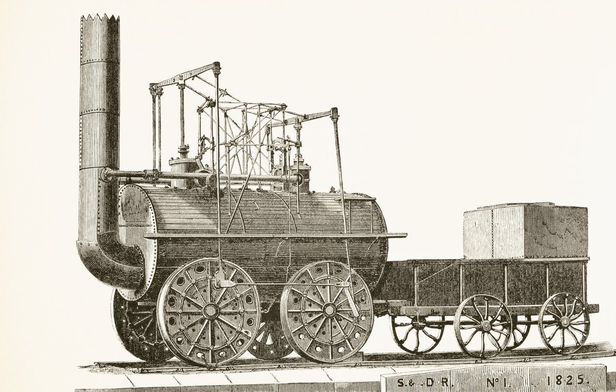 Vlak George Stephensons z roku 1825, z Národní a domácí historie Anglie od Williama Hickmana Smith Aubrey (1858-1916), vydaný v Londýně, kolem roku 1890 od English School