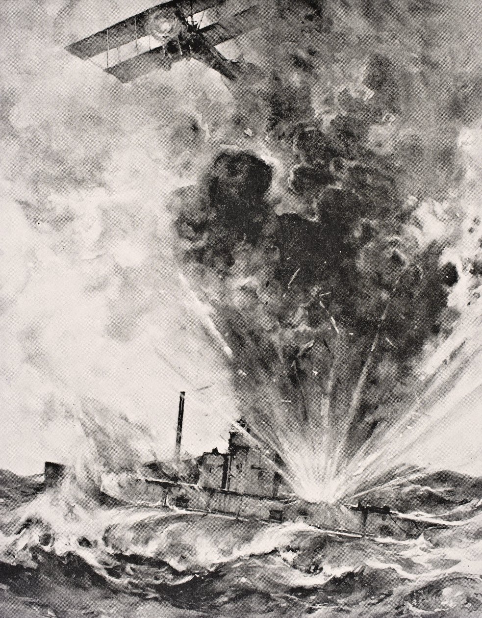 Německá ponorka bombardována a potopena 26. srpna 1915, z „The War Illustrated Album deLuxe“ vydaného Londýn 1916 (litho) od English School